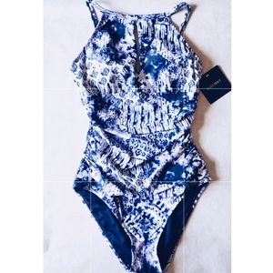Ellen Tracey blue one piece high neck key hole